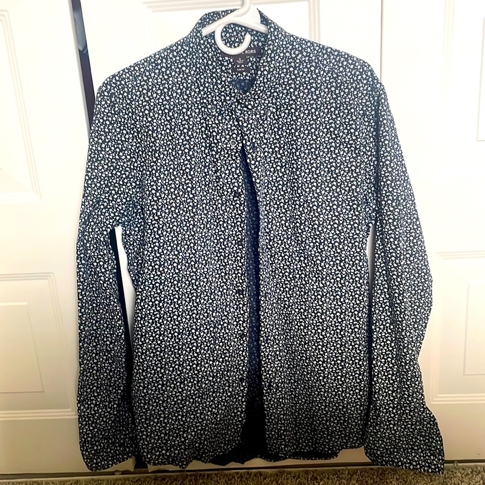 Michael Kors S slim fit long sleeve pattern dress shirt dark navy blue